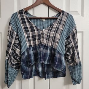American Eagle Crop Top Ballon Sleeve Plaid Blue and White, Women's XS